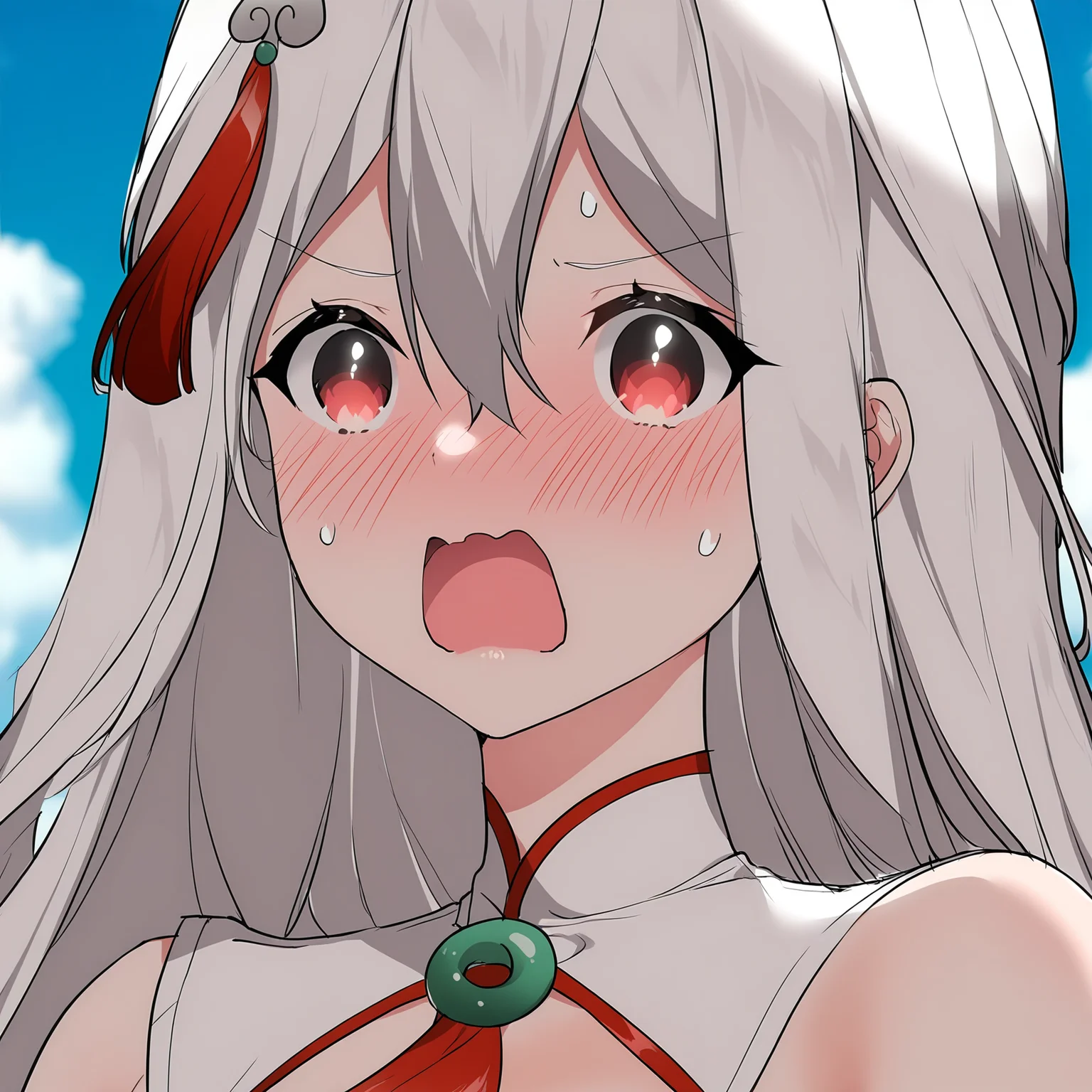 masterpiece,best quality,newest,absurdres,highres,<lora:noobai_ep11_stabilizer_v0.138_fp16:1>,1girl,lu_xiaoyu,white hair,<lora:Lu_Xiaoyu1,:1>,flustered,