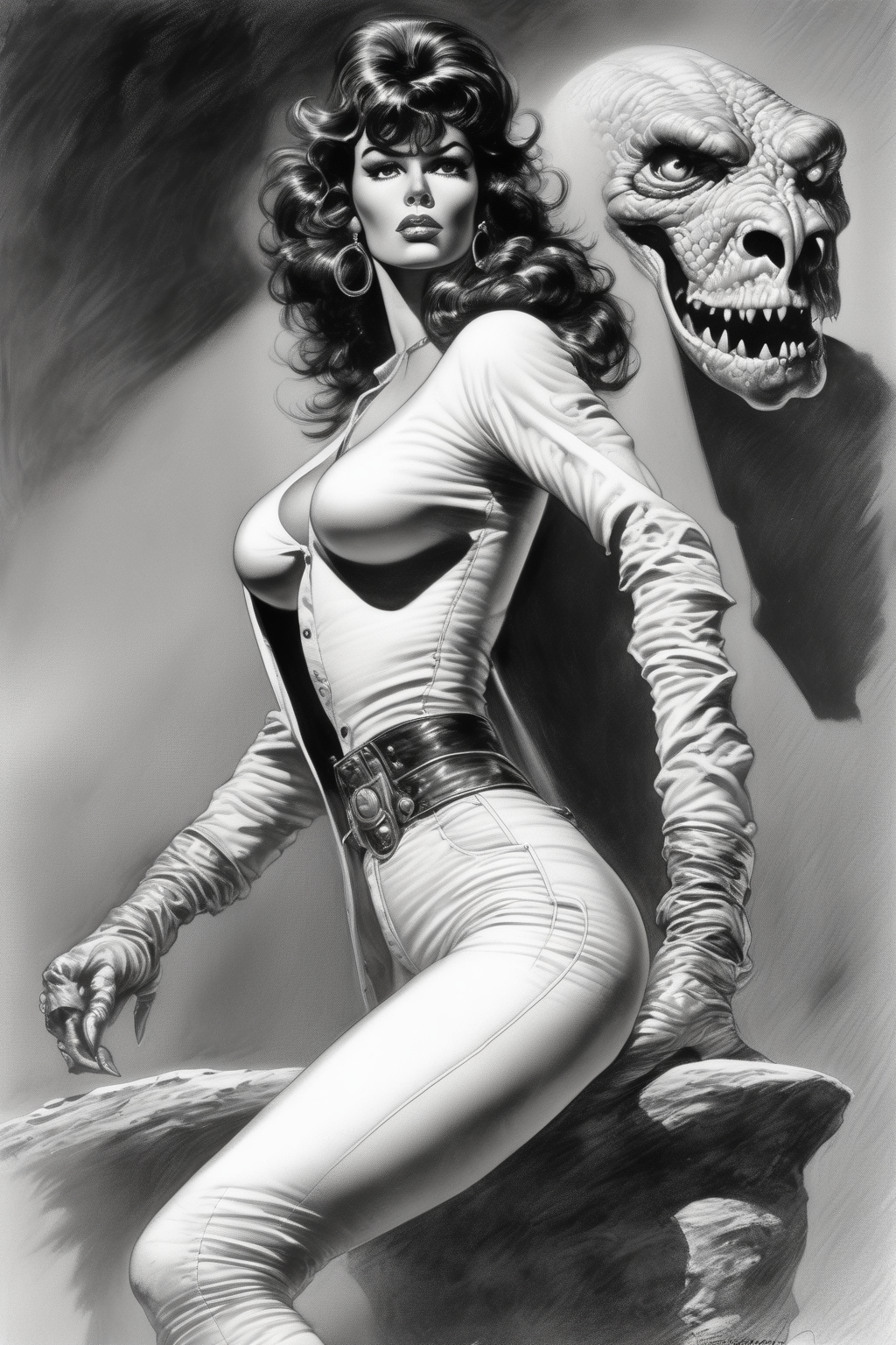 <lora:Richard Hescox Style:1>Richard Hescox Style - a full-length woman, the genre of the artist Boris Vallejo, high detail of the character, black and white drawing graphics like in comics