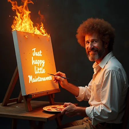hyper-detailed realistic Bob Ross looking at viewer smiling while painting on a canvas on fire the. Canvas on fire, Palette on fire, Brush on fire. On the canvas the artistic text "Just happy little Maintenance." text on fire
