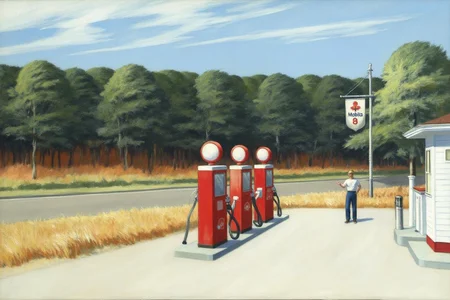 edwardhopper1 painting. 
A rural scene with a gas station in the foreground. Three red gas pumps with white tops are lined up. A man stands next to the first pump. The gas station has a small white building with a red roof. A sign hanging from a pole reads "Mobilgas." <lora:edwardhopper1_cap_d8a4e11:1.0><lora:847313539646385520:0>