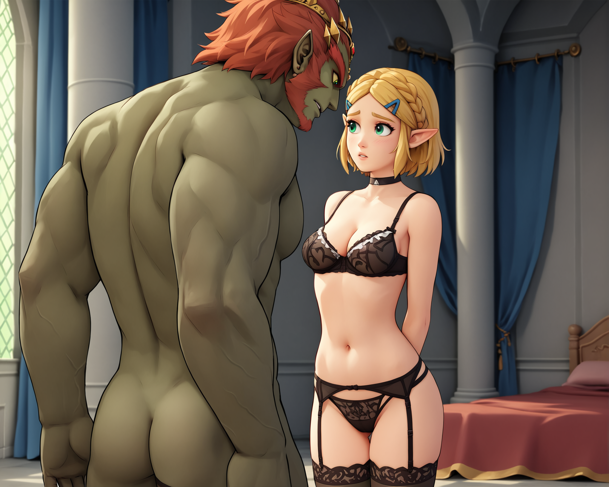 score_9, score_8_up, score_7_up, source_cartoon BREAK 1girl, princess zelda, green eyes, looking at another, parted bangs, short hair, over-the-shoulder shot, blonde hair, medium breasts, perky breasts, choker, thighhighs, standing, blush, female hands behind back, netorare, cheating (relationship), thigh gap, indoors, bedroom, castle, lingerie, frills, <lora:Over-the-shoulder_shot:1>, 1boy, male facing away, ganondorf, size difference, alpha male, femsub, rating_questionable