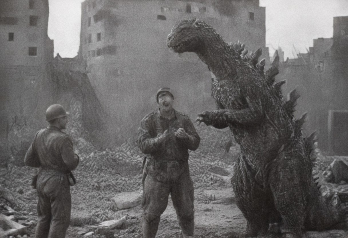 monochrome, photo,photo defects, old photo,blurry, low quality, old photo defects, world war 2, B&W 35mm vintage photo, WW2 picture of Japanese soldiers standing in destroyed Tokyo city, looking at 1 giant dinosaur godzilla, sharp teeth, spines, scutes, dorsal plates, slender, fit, feral, realistic scales, detailed scale texture, furry male, solo, plantigrade, full body, solo, extremely detailed, Macro detailed realism style, creature, scales, textured skin, sharp teeth, claws, moving in the distance, large ruined buildings