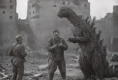 monochrome, photo,photo defects, old photo,blurry, low quality, old photo defects, world war 2, B&W 35mm vintage photo, WW2 picture of Japanese soldiers standing in destroyed Tokyo city, looking at 1 giant dinosaur godzilla, sharp teeth, spines, scutes, dorsal plates, slender, fit, feral, realistic scales, detailed scale texture, furry male, solo, plantigrade, full body, solo, extremely detailed, Macro detailed realism style, creature, scales, textured skin, sharp teeth, claws, moving in the distance, large ruined buildings