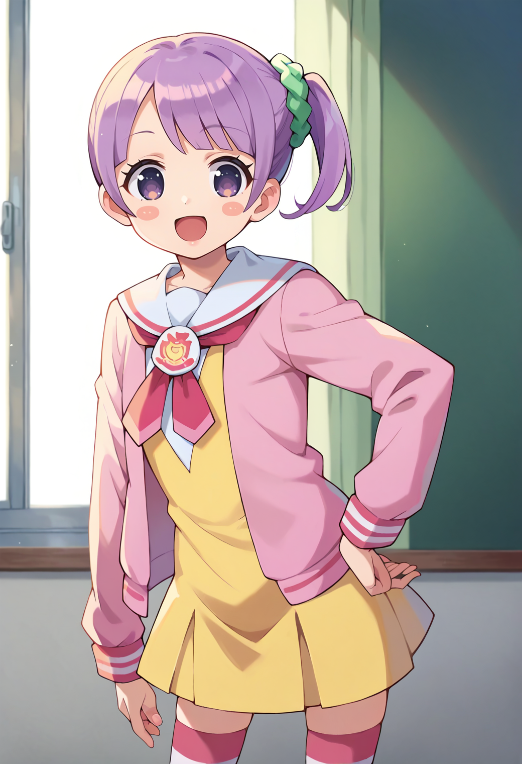 score_9, score_8_up, score_7_up, score_6_up, score_5_up, score_4_up, source_anime,
defnonb, side ponytail, hair scrunchie, blush stickers, 
school uniform, white sailor collar, yellow dress, pink jacket, thighhighs, striped, shoes,
looking at viewer, smile, open mouth, 
<lora:_manaka_non-elesico-pony-e12:0.9>