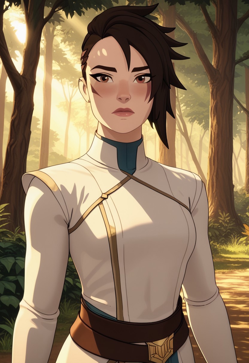 Score_9, Score_8, Score_7, TDPStyle, TDPStyle, Amaya, Five Fingered Hand, White Clothes, Face Scar, Amaya with face scar, posing in a serene forest glade, with sunlight filtering through the trees, creating a magical atmosphere