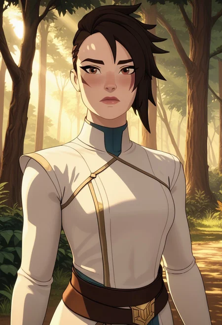 Score_9, Score_8, Score_7, TDPStyle, TDPStyle, Amaya, Five Fingered Hand, White Clothes, Face Scar, Amaya with face scar, posing in a serene forest glade, with sunlight filtering through the trees, creating a magical atmosphere