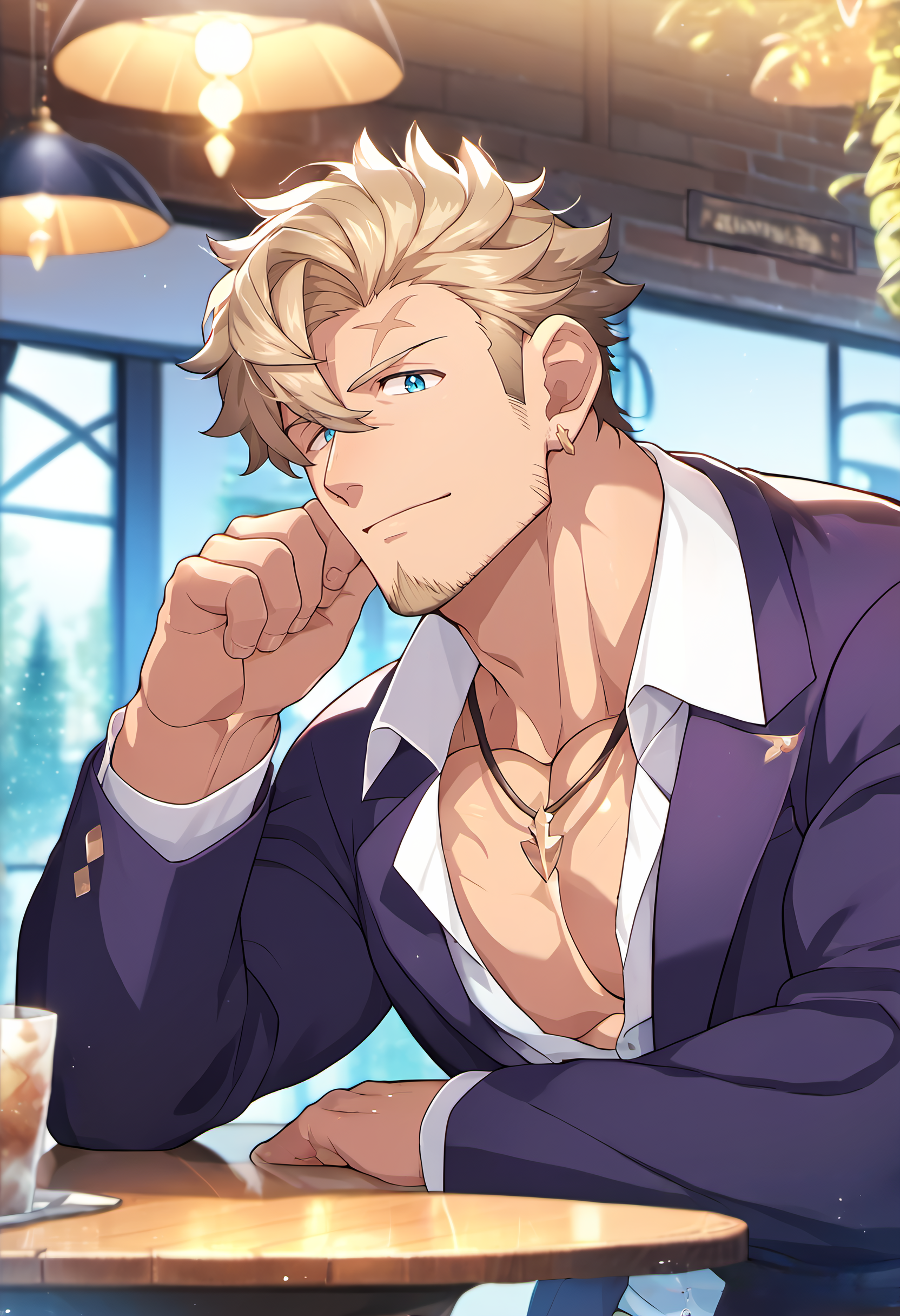 <lora:Curran:0.8>, score_9_up, score_8_up, score_7_up, score_6_up, ((source_anime)), anime, best quality, amazing quality, best aesthetic, amazing aesthetic, absurdres, year2023, curran, male focus, 1boy, solo, bara, pectorals, muscular, mature male, large pectorals, goatee, stubble, purple blazer, white shirt, jewelry, necklace, ear piercing, cafe, table, looking at viewer