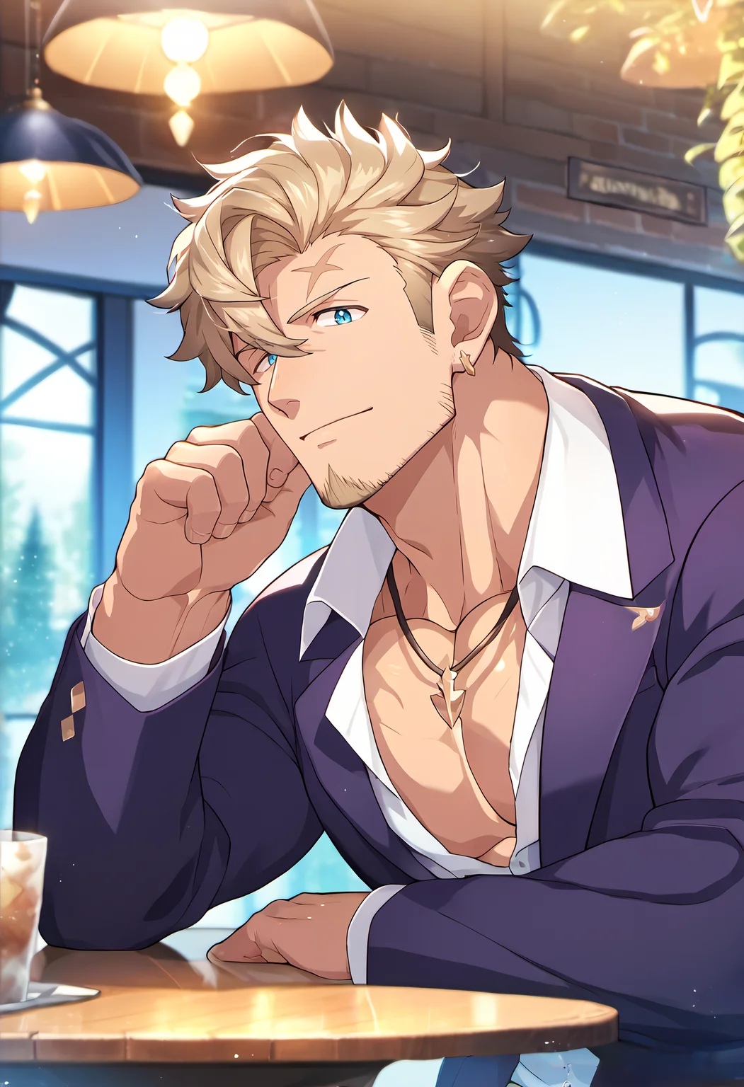 <lora:Curran:0.8>, score_9_up, score_8_up, score_7_up, score_6_up, ((source_anime)), anime, best quality, amazing quality, best aesthetic, amazing aesthetic, absurdres, year2023, curran, male focus, 1boy, solo, bara, pectorals, muscular, mature male, large pectorals, goatee, stubble, purple blazer, white shirt, jewelry, necklace, ear piercing, cafe, table, looking at viewer