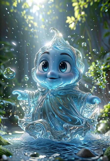 (masterpiece, best quality, high-res, 4k textures, ultra detailed:1.25), subsurface scattering, volumetric splash reflects contour of a cloak-like full-transparent cute character by (carl barks:0.75), blue glowing eyes, manifesting from turbulent swirling around its form, ethereal, sparkling, on nature, ray tracing, Rich luminosity