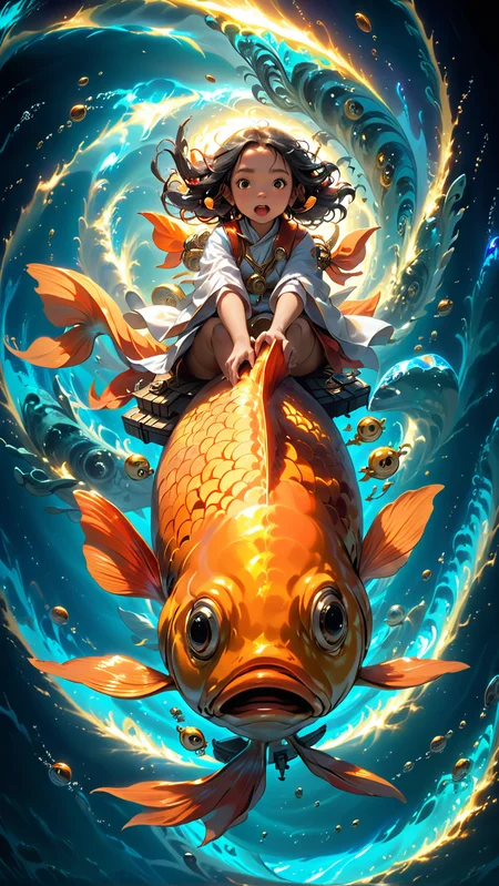 Girl riding goldfish in the Solar Enigma Currents in the Vortex of Time, <lora:20231110-1699604807007:.69>, <lora:add-detail-xl:.85>