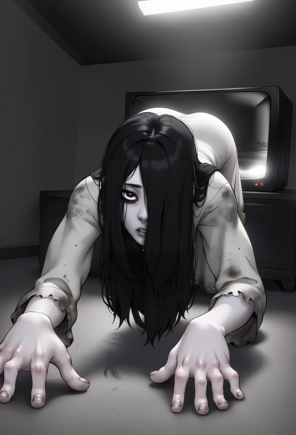 theonryoxl,long black hair,pale skin,hair over one eye,
dirty white dress with sleeves,crawling, all fours,
dark room,dim lighting,television,
<lora:TheOnryoS:0.8>,