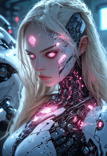 score_9, score_8_up, score_7_up, score_6_up, score_5_up, score_4_up, (Close up shot of a futuristic female with white blonde hair, wearing white and pink glowing mecha armor, standing inside a futuristic spacestation, robotic arms, distantfuture:1.2), masterpiece, best quality, highly detailed, sharp focus, dynamic lighting, mythp0rt