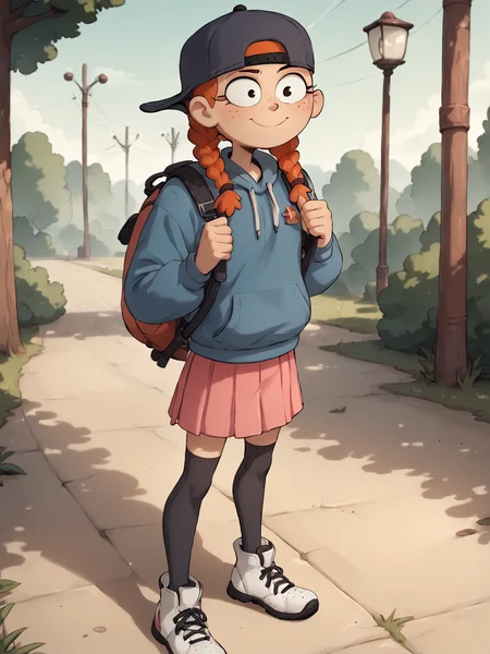 score_9, score_8_up, score_7_up, score_6_up, BREAK, AmphiMaggie, orange hair, braid, twin braids, freckles, 1girl, solo, smile, baseball cap, backwards hat, long sleeves, pink skirt, pleated skirt, blue hoodie, hood down, backpack, black thighhighs, white footwear, <lora:Amphibia_Maggie:1>