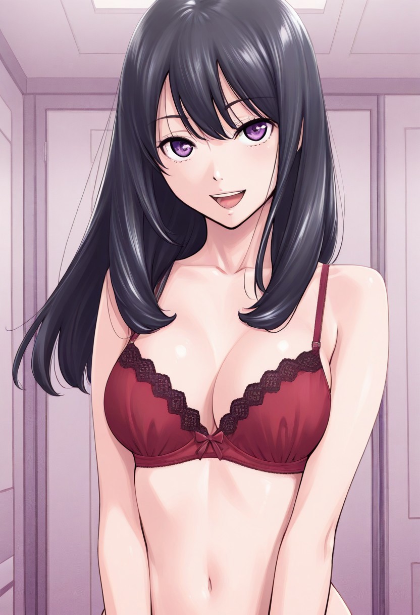 score_9, score_8_up, score_7_up, source_anime,(extremely detailed CG), (best quality),
purple eyes, black hair,
1girl, underwear, red bra, breasts, solo, navel, open mouth, looking at viewer, smile, medium breasts, long hair, mika