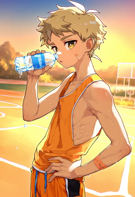 masterpiece, best quality, koemixpi-style, outdoors, basketball court, from side, sunset, 1boy, solo, koe-mugi, toned, orange hair, yellow eyes, looking at viewer, orange tank top, orange shorts, sweat, holding water bottle, hand on hip, bandaid, depth of field, chromatic aberration <lora:koe-mixpi_naiXL_v3b_ShoAI:1>