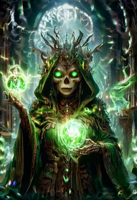 quality, intricate details, Mystical light. Fog. The feminine mage's appearance: evil and mystical, with spiky robes that seem made of green cloth with golden stitches. a ball in one hand and mysterious goat skull in another hand, Rubies, symbolizing their magical power. Glow. a dark evil gaze that hints at their ancient knowledge and mystical prowess. alchemical laboratory, blending the natural with the magical, Soft natural lighting, High Definition HD, High Detail, Perfect Composition, gothic horror film photography style, light grain,cry5t415ku11, orbstaff
