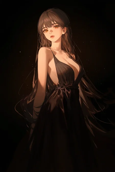 1girl , solo, ask \(askzy\), miv4t, cowboy shot, from side, dark background, cinematic lighting, looking at viewer, covering, cleavage, long hair, floating hair, evening gown , masterpiece, best quality, very aesthetic, very awa, highres, absurdres, newest