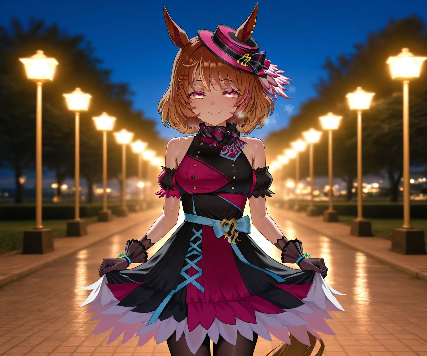 masterpiece, best quality, amazing quality, very aesthetic, high resolution, ultra-detailed, absurdres, newest, scenery, 
1girl, umamusume, north flight \(umamusume\), sweat, wet, steaming body, horse tail, horse girl, gradient hair, 
hat, skirt, gloves, sleeveless dress, black pantyhose, black footwear, bare shoulders, hairclip, bow, ribbon, 
outdoors, park, night, standing, straight-on, 
cowboy shot, looking at viewer, smug, <lora:northflightillv1:1>,, glowing, colorful, photorealistic, shiny_skin,dutch angle, <lora:arcain-2411:0.4>,, HDR,photo background,detailed eyes,detailed hands,detailed clothing,detailed shading,dim lighting,chiaroscuro,BREAK depth of field,masterpiece,best quality,amazing quality,very aesthetic,high resolution,ultra-detailed,absurdres,newest,scenery,volumetric lighting,