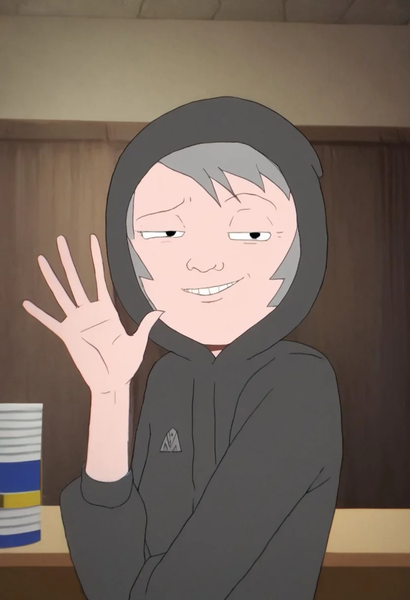 leslie_hood_on, 1girl, gilf, wrinkles, short grey hair, small black eyes, brown sweater, black pants, black ballerina, hood on, score_9_up, score_8_up, score_7_up, looking at viewer, smiling, smug, waving at viewer, female focus, ultra detailed, detailed background, office, masterpiece, best quality, 8k, Expressiveh,