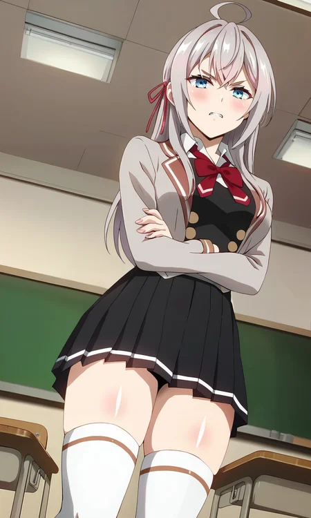 score_9, score_8_up, score_7_up, source_anime, zPDXL2, 1girl, hara \(harayutaka\) BREAK
<lora:alisa_mikhailovna:1> alisa_wz, grey hair, ahoge,  long hair, sidelocks,  blue eyes, breasts, hair ribbon, school uniform, collared shirt, white shirt, red bowtie, grey jacket, long sleeves, black skirt, miniskirt, pleated skirt, crossed bangs, open jacket, white thighhighs, zettai ryouiki, buttons, double-breasted, pinafore dress, black dress BREAK
standing, crossed arms, angry, blush, from below, dynamic angle, classroom, school chair, board, against wall,
