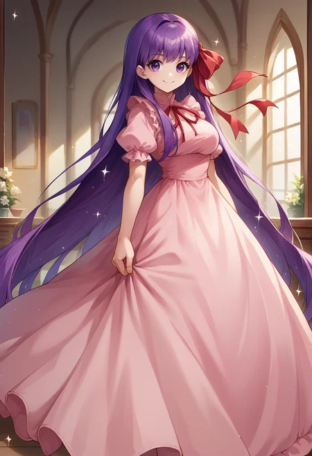 score_9, score_8_up, source_anime, 1girl, solo, BBFate, purple eyes, long hair, purple hair, hair ribbon, red ribbon, long dress, cute, pink dress, frills, bow, :d, sparkles, sparkling, smile, indoors, standing, <lora:CHAR-BBFatePonyXL:1>