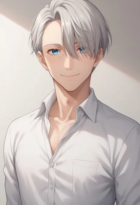 score_8_up, score_7_up, source_anime, highly detailed, 
viktornikiforov, 1boy, male focus, blue eyes, smile, grey hair, solo, shirt, white shirt, collared shirt, hair over one eye,