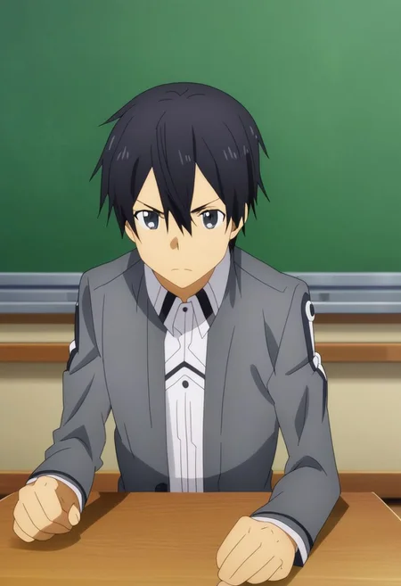 high resolution, professional photography, solo, best quality, 1Boy, Kazuto Kirigaya, Black Hair, Black Eyes, classroom, school, school uniform, OverallDetail