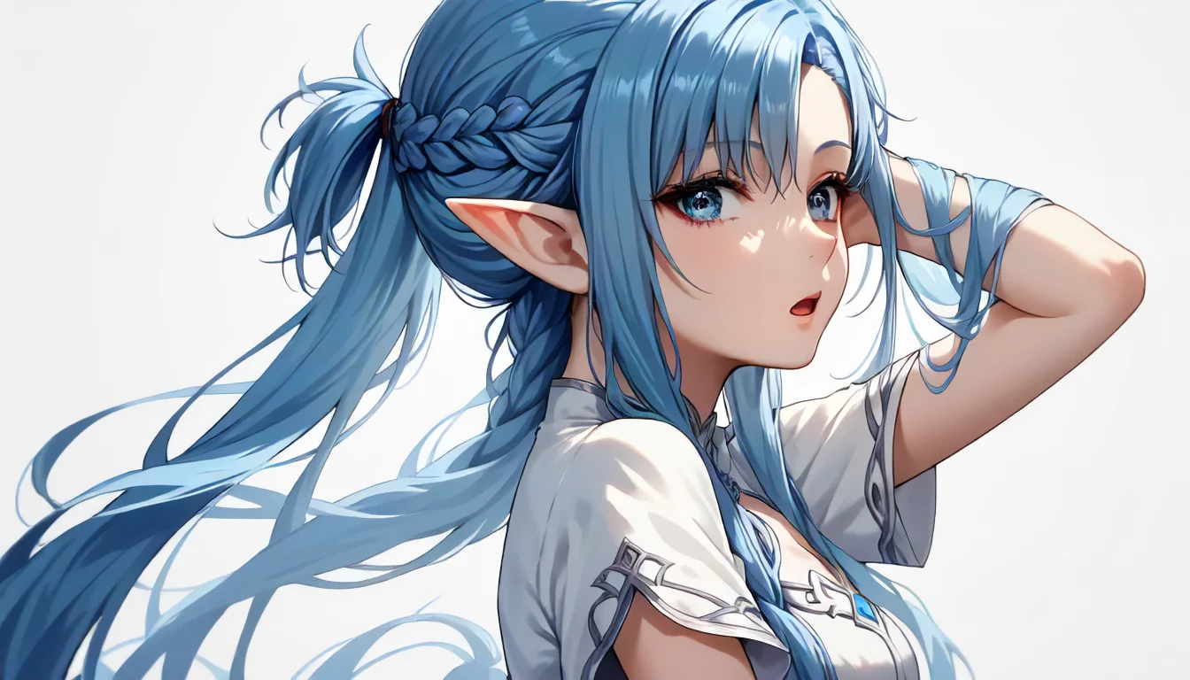 score_9,score_8_up,score_7_up,score_6_up,score_5_up,score_4_up,source_anime,<lora:Anime_Style_For_Pony:0.5>,asuna_sao,<lora:asuna_sao_pony:0.9>,(beautiful eyes),1girl,asymmetrical bangs,blue eyes,blue hair,braid,elf,from side,half up braid,holding own arm,long hair,looking at viewer,looking to the side,open mouth,playing with own hair,pointy ears,short ponytail,short sleeves,simple background,solo,very long hair,white dress,
