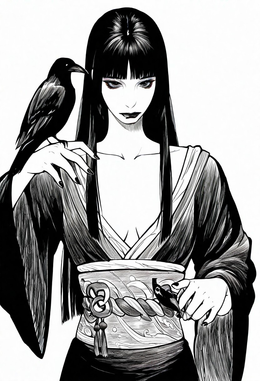 1girl, solo, Monochrom 
1girl, animal on arm, bird, bird on hand, black hair, black lips, blunt bangs, closed mouth, crow, greyscale, hatching \(texture\), hime cut, japanese clothes, kimono, lipstick, long hair, long sleeves, looking at viewer, makeup, monochrome, nail polish, obi, obiage, obijime, sash, sketch, solo, straight hair, traditional media, upper body, white background, wide sleeves