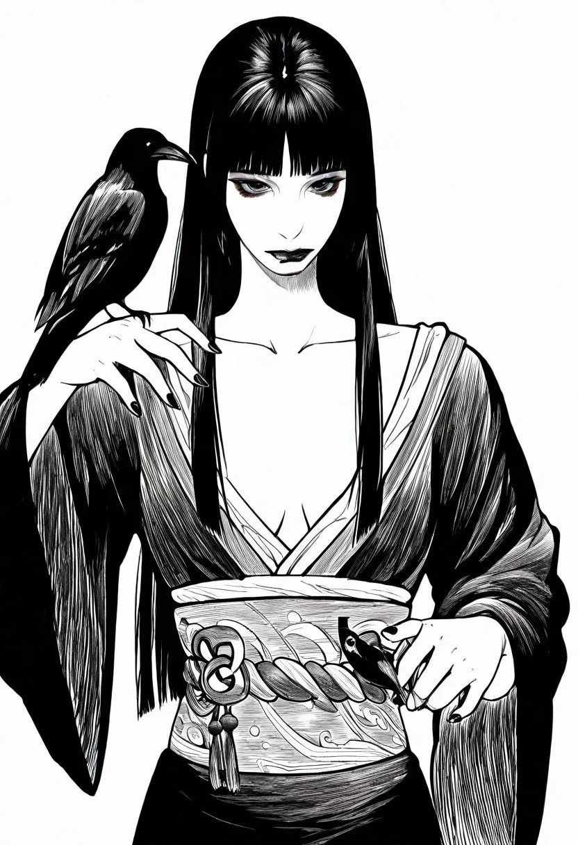 1girl, solo, Monochrom 
1girl, animal on arm, bird, bird on hand, black hair, black lips, blunt bangs, closed mouth, crow, greyscale, hatching \(texture\), hime cut, japanese clothes, kimono, lipstick, long hair, long sleeves, looking at viewer, makeup, monochrome, nail polish, obi, obiage, obijime, sash, sketch, solo, straight hair, traditional media, upper body, white background, wide sleeves