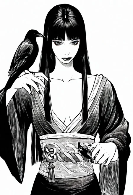 1girl, solo, Monochrom 
1girl, animal on arm, bird, bird on hand, black hair, black lips, blunt bangs, closed mouth, crow, greyscale, hatching \(texture\), hime cut, japanese clothes, kimono, lipstick, long hair, long sleeves, looking at viewer, makeup, monochrome, nail polish, obi, obiage, obijime, sash, sketch, solo, straight hair, traditional media, upper body, white background, wide sleeves