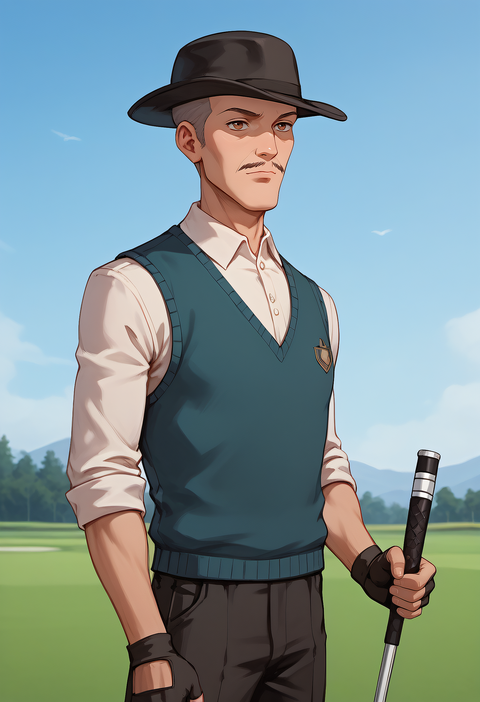 embedding:Pony\Positive\zPDXL3, score_9, score_8_up, score_7_up, 1boy, jerry_ts!, bald, grey hair, brown eyes, slim, mustache, facial hair,sweater vest, black gloves, holding golf club, golf field, flat hat, fingerless gloves, best quality, high resolution, masterpiece.