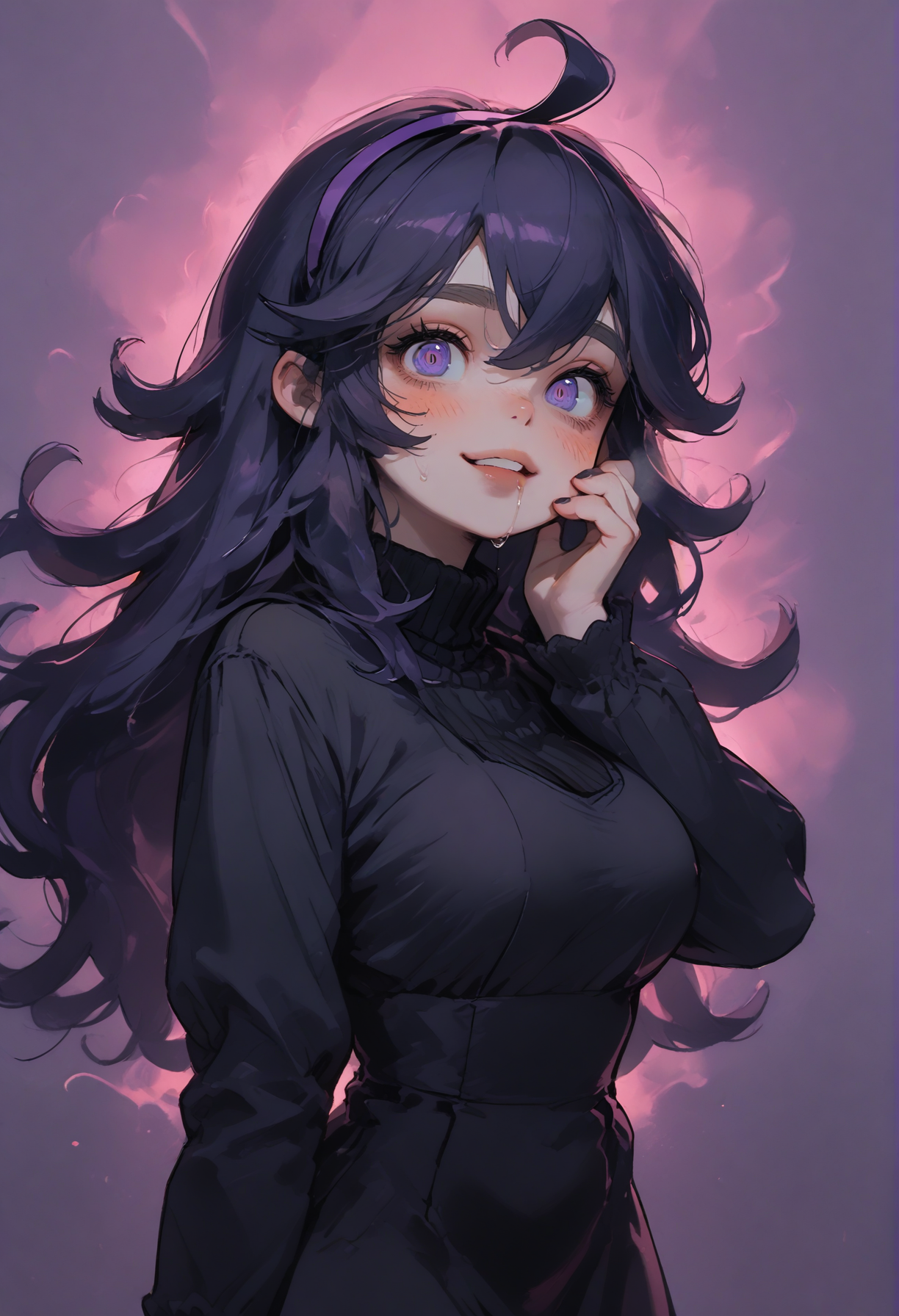 1girl, hex maniac (pokemon),purple hairband, black thighhighs, long hair,purple eyes, messy hair, @ @, smile, looking at viewer,
black dress,large breasts, lace, gothic style,blushing , drooling,sharp focus, portrait,upper body,side view,
<lora:sdxl_lightning_8step_lora:1>
score_9, score_8_up, score_7_up,score_6_up,
masterpiece, best Quality,source_anime,
dispersion effect,steam, sweat skin, vivid colours,
<lora:P0p4rtXLP:1> p0p4rt ,colorful,