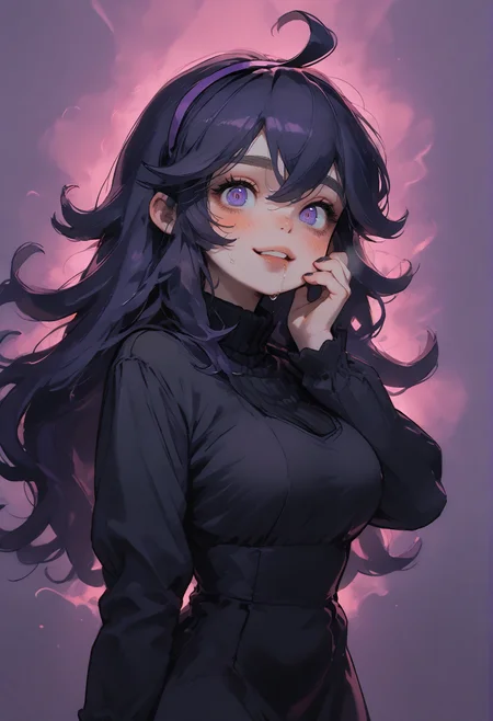 1girl, hex maniac (pokemon),purple hairband, black thighhighs, long hair,purple eyes, messy hair, @ @, smile, looking at viewer,
black dress,large breasts, lace, gothic style,blushing , drooling,sharp focus, portrait,upper body,side view,
<lora:sdxl_lightning_8step_lora:1>
score_9, score_8_up, score_7_up,score_6_up,
masterpiece, best Quality,source_anime,
dispersion effect,steam, sweat skin, vivid colours,
<lora:P0p4rtXLP:1> p0p4rt ,colorful,
