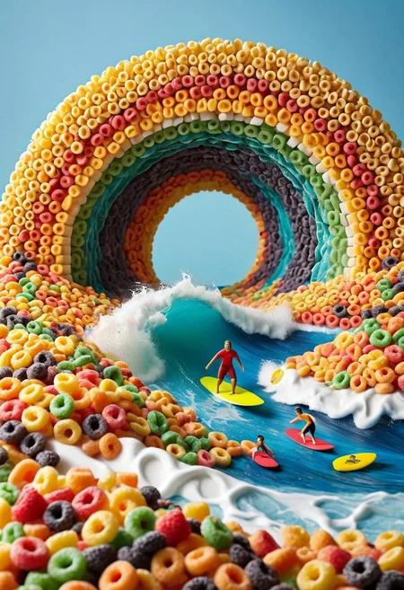 masterpiece, very aesthetic, absurdres, newest, acoean, water, wave, tunnel wave made of fruit loops, surfer, surfing