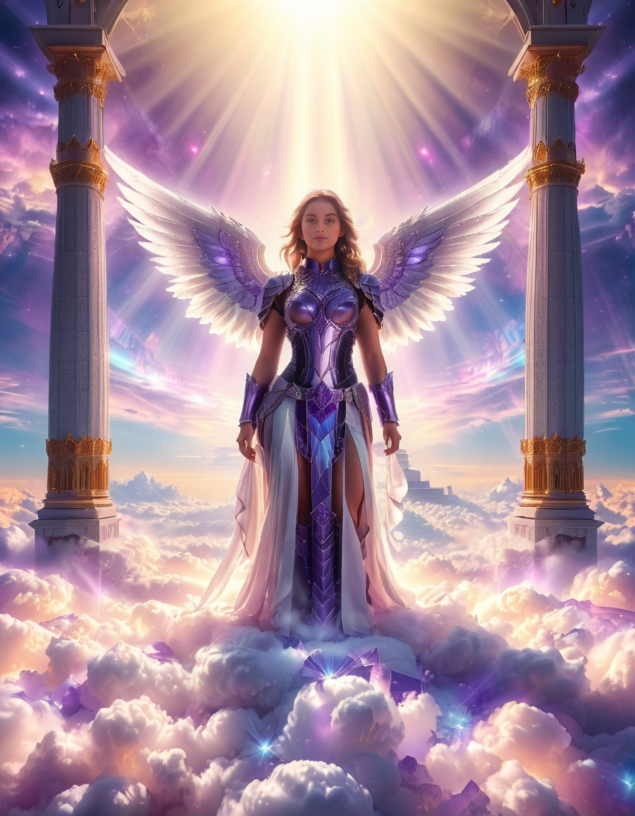 <lora:sky_t3mpl3:1>,cowboy shot,(looking at viewer:1.6),
A fierce warrior angel standing on clouds in front of a majestic celestial sky temple,sky t3mpl3.(arms behind back:1.3), She wears futuristic, sleek black armor with purple accents, blending fantasy and sci-fi elements. Her armor is adorned with glowing, purple gemstones at her chest and shoulders, radiating a soft light that matches the ethereal surroundings. Large, metallic angel wings with a high-tech design extend from her back, with white feathers and metallic frames, combining elegance with strength. She looks directly at the photographer with an intense, focused gaze, creating a powerful connection with the viewer. Behind her, the grand temple is made of gleaming, white stone and crystal pillars, floating among the clouds, illuminated by soft rays of heavenly light. The sky is filled with a soft pink and purple glow, casting a serene yet powerful atmosphere around this divine guardian.<lora:SDXLFaeTastic2400:0.4> <lora:extremely_detailed:0.4> extremely detailed,, Masterpiece,best quality,hi res,8k,hi res,8k,award winning,(sharp focus, intricate, highly detailed),