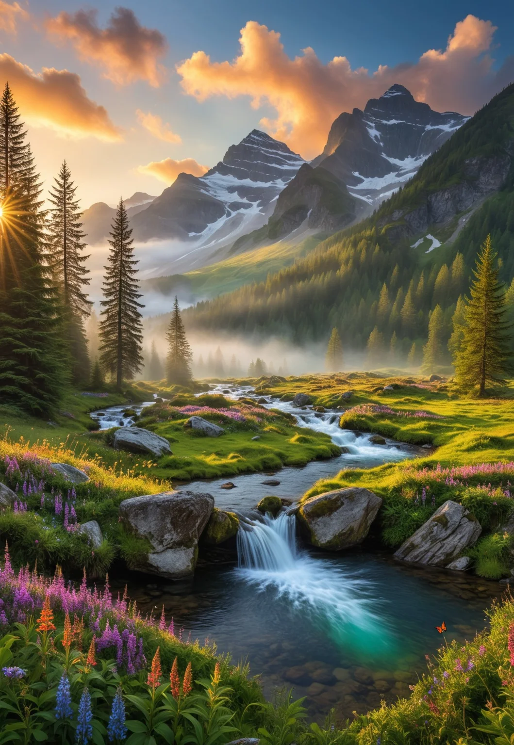 majestic mountain landscape, glowing waterfalls, crystal-clear lakes, lush green forests, vibrant wildflowers, soft sunlight filtering through tall trees, rolling hills, serene meadows, misty valleys, colorful butterflies, gentle river flowing, birds soaring in the sky, ethereal fog, distant snow-capped peaks, magical forest clearing, vibrant colors, enchanted forest, peaceful atmosphere, morning dew, golden hour lighting, fantasy nature scenery
(8k uhd:1,4)
<lora:add-detail-xl:1>
<lora:Dynamic Poses:1>