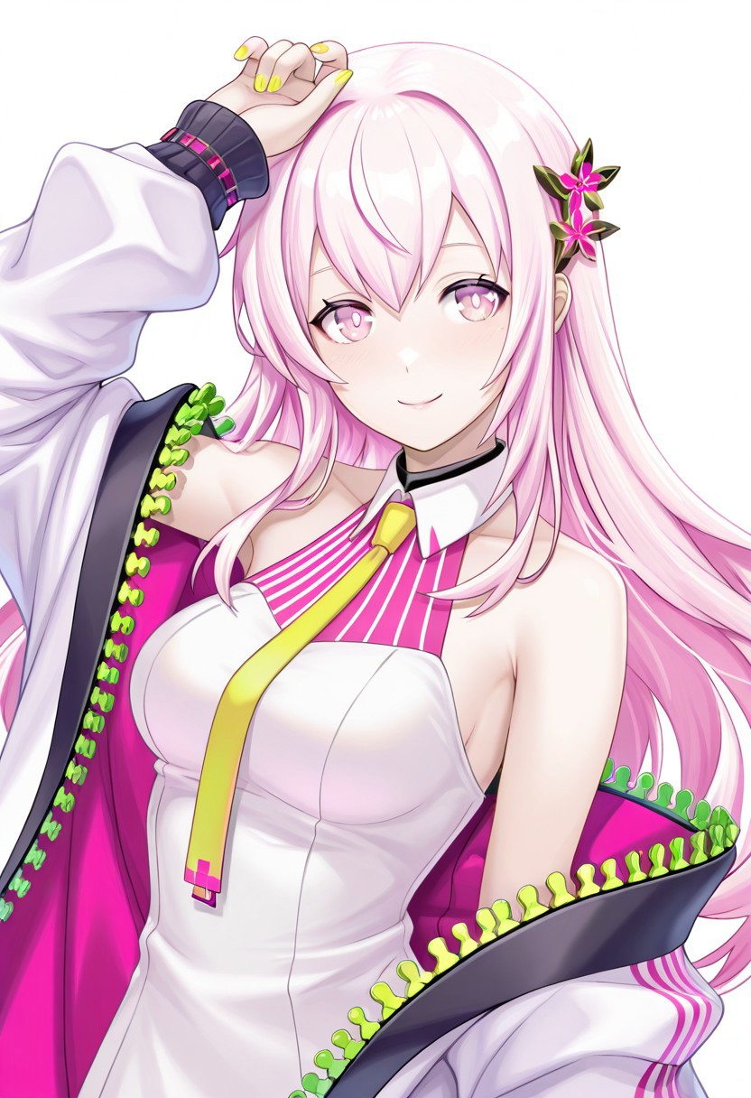 masterpiece,best quality,highres, absurdres, ion_miruna, 1girl, solo, pink hair, pink eyes, long hair, medium breasts,  default_ion, necktie, collared dress, white dress, bare shoulders, hair ornament, hair flower, nail polish, sleeveless, nail polish, yellow nail, ion_coat, coat, off shoulder, zipper, long sleeves, open coat,  upper body,  arm up, facing viewer, smile,