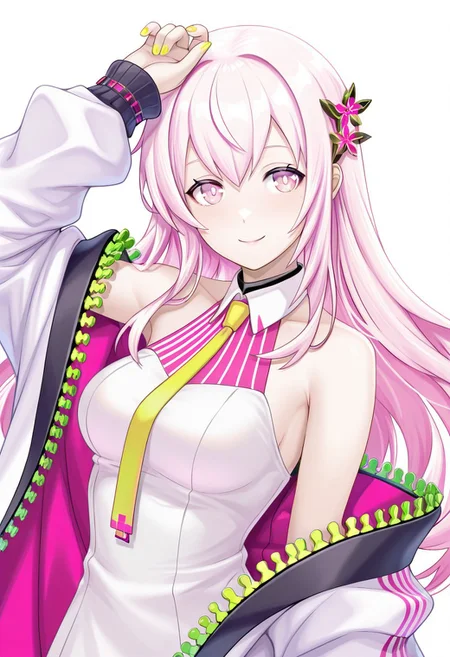 masterpiece,best quality,highres, absurdres, ion_miruna, 1girl, solo, pink hair, pink eyes, long hair, medium breasts, default_ion, necktie, collared dress, white dress, bare shoulders, hair ornament, hair flower, nail polish, sleeveless, nail polish, yellow nail, ion_coat, coat, off shoulder, zipper, long sleeves, open coat, upper body, arm up, facing viewer, smile,
