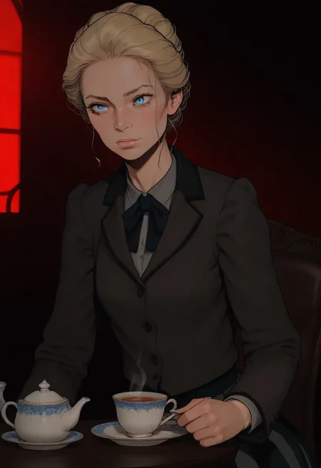 score_9, score_8_up, score_7_up, source_anime, solo, 1girl,
annie_bowyer, light skin, blue eyes, gibson girl updo hairstyle, blonde hair, loose strands,
dark high collared jacket, striped dark long skirt,
red light background, dark room silhouette background, (red background), (((cowboy shot))), (((seated))), Edwardian living room, table, tea cup, tea pot,