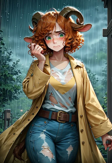 safe_pos, score_9, score_8_up, score_7_up, source_anime, Sadia, satyr girl, green eyes, short hair, golden hair, curly hair, large sagging cleavage, blushing, (freckles:1.4), curled goat horns, goat legs, dynamic pose, long raincoat with hood, open coat, pastel t-shirt, ripped denim, belt, (rain:1.4), (embarrassed face:1.4)