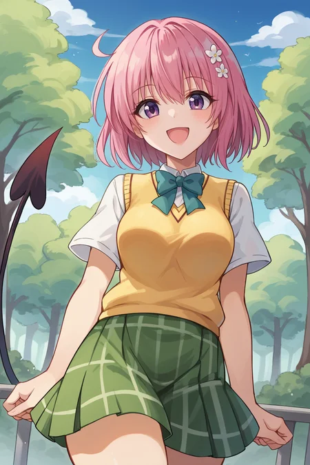 score_9, score_8_up, source_anime, BREAK 1girl <lora:tlrmomo-pdxl-nvwls-v1-000007:1> tlrmomo, pink hair, hair flower, green bowtie, yellow sweater vest, white shirt, short sleeves, green miniskirt, demon tail, looking at viewer, standing, happy, open mouth, blue sky, trees, waist up