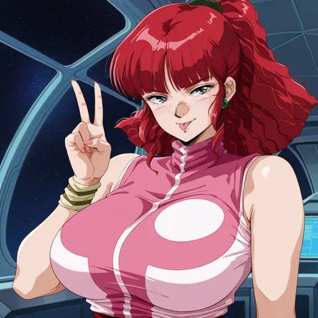 masterpiece, best quality, amazing quality, very aesthetic, absurdres, newest, scenery, depth of field, , smooth skin, highly detailed, blurry background
,curvy, huge breasts, , mature female,
facing viewer,
science fiction architecture, space, indoors, ,
1girl, solo
<lora:spo_sdxl_10ep_4k-data_lora_webui:0.5> retro artstyle,
seductive smile,v, close-up portrait tongue out closed mouth,
<lora:Jung_Freud_-_Gunbuster_ILXL:1> jungfreud, red hair, ponytail, green eyes, jewelry, bangs, leotard,