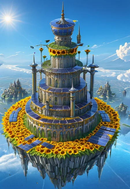 castle,
A traveler looking at a gigantic castle made of dozens of towers, medical, white, grass,matchcraft floating island , floating island, towers , sky , fly , cloud, solar punk,solarpunk ,solar panels, (sunflowers), rainbow