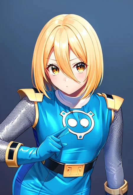 d0nquix0tedef, short hair, blonde hair, hair between eyes, yellow eyes,sentaikageblue, shiny clothes, spandex, silver bodysuit, fishnet bodysuit, bodysuit under clothes, aqua dress, shoulder pads, aqua skirt, black belt, aqua gloves
