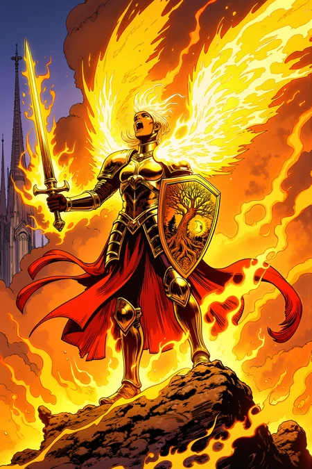 A phoenix knight blazes in the sunlight, her movements leaving trails of golden fire in the air. Her sword is wreathed in sacred flames that burn with redemption's light. The heat of her conviction creates mirages around her form. Her helmet takes the form of a phoenix in mid-scream, complete with flames that ripple through its metal feathers. Her armor bears the sigil of the Dawn Concordat - a sun rising over a burning sword - with plates that shift like feathers when she moves. Her shield pulses with inner fire, bearing a tree whose branches reach for a burning sun while its roots grasp a crescent moon. The spires of the Solar Cathedral pierce the clouds behind her. , detailed background Fantastic lighting. Detailed shadows.intricate details, vivid colors, hyper-detailed, ultra-sharp,meiman_style,This is a retro comic book style digital illustration, <lora:å¤å¤ç¾æ¼«v2:0.4><lora:Vintage comic book:0.4><lora:RetroAnimeFluxV1:0.15><lora:Greg_Capullo_style:0.4><lora:jeanClaude_Mzires_Style_FLUX-000001:0.4><lora:Flux_Ink_Anime:0.4>
