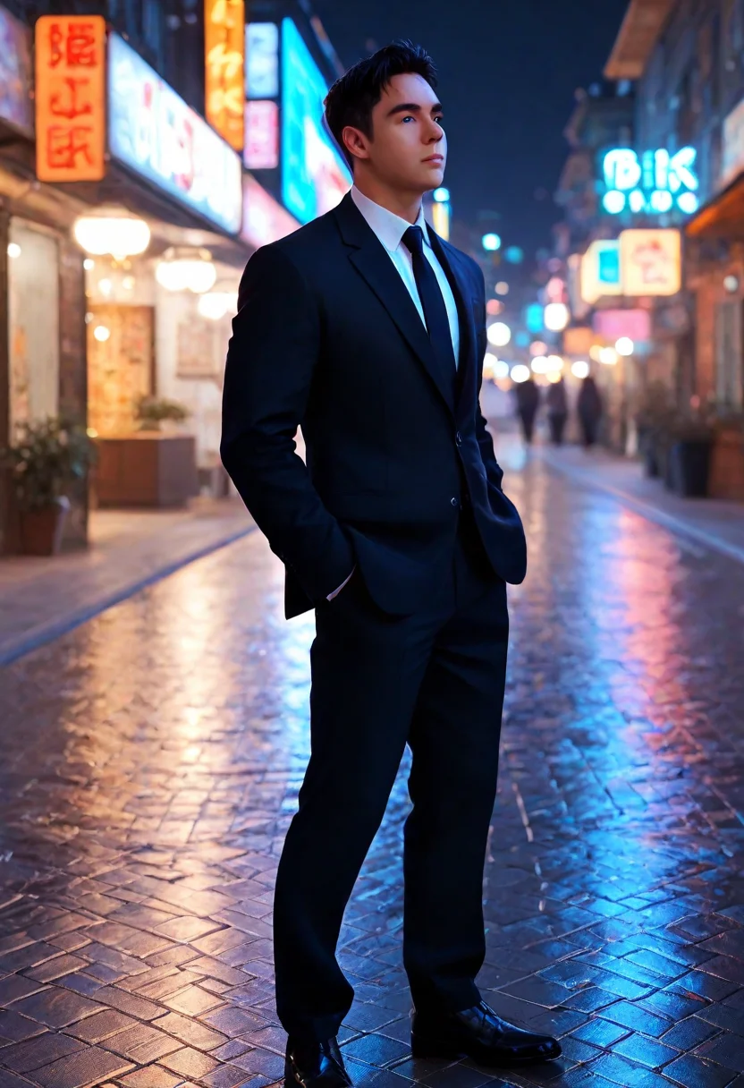 <lora:AsianGuy:0.8>, AsianGuy, (neal:1.5), masterpiece, ultra-HD, cinematic lighting, photorealistic, (impressionism:1.5), high detail, depth of field, (blurred background), (dramatic lighting),masterpiece, best quality, very aesthetic,8k,masterpiece, best quality, realistic, masterpiece, best quality, 8k, breeze style, short hair,<lora:add_detail:1>, ((aesthetic_male_form:1.2, light skin)), (focus male),
<lora:Breez_Style:0.75>, breeze style, shiny skin, fair skin, smooth skin, dynamic view,<lora:PenisQuiron_illus:0.8>, (high quality:1.2), wallpaper, absurdres, (very detailed:1.2), Expressiveh, realistic, side angle view, 1man, solo, male focus, 18 years old, full body, perfect face, muscular boy, thick thigh, bulgerk-soft, black Suit, standing, moaning, night, neon building lights, submissive, cinematic light, <lora:Expressive_H:1>