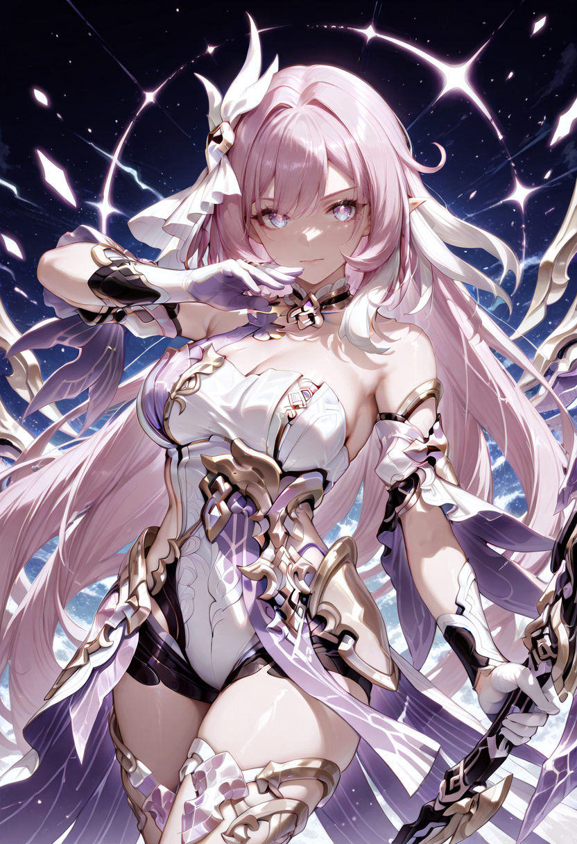 masterpiece, newest, absurdres, best quality, hires, 1girl, elysia, herrscher of human: ego \(honkai impact\), holding bow, fighting stance