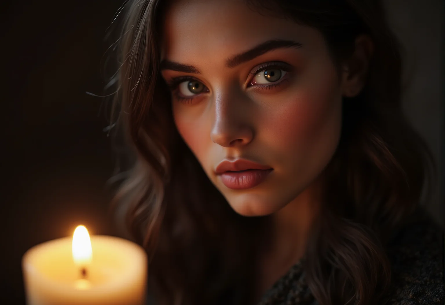 A portrait of a young woman with piercing eyes, her face partially illuminated by the glow of a nearby candle. bv-daraca<lora:bv-dark-academia-v1.safetensors:1.0:1.0>