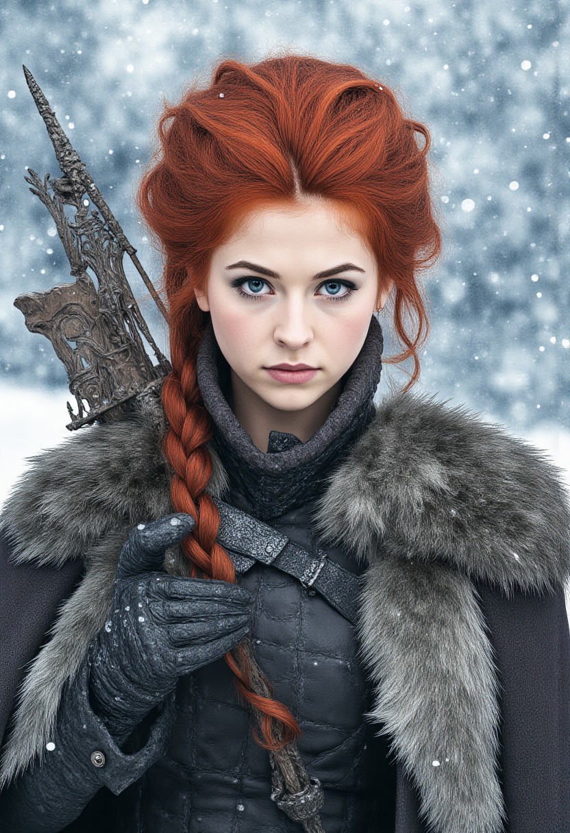 Rembrandt style, masterpiece iconic portrait of Ygritte, wildling beauty, red hair, Game of Thrones, winter tones, fur cloak, ice blue eyes, raw feminine power, rugged elegance, snowbound, bow and arrow, cunning and freedom <lora:MysticXXX-V6:0.6>, <lora:test:0.8>, baroque, chiaroscuro, realistic, emotional, flat lighting, Studio Ghibli Dark Fairytale